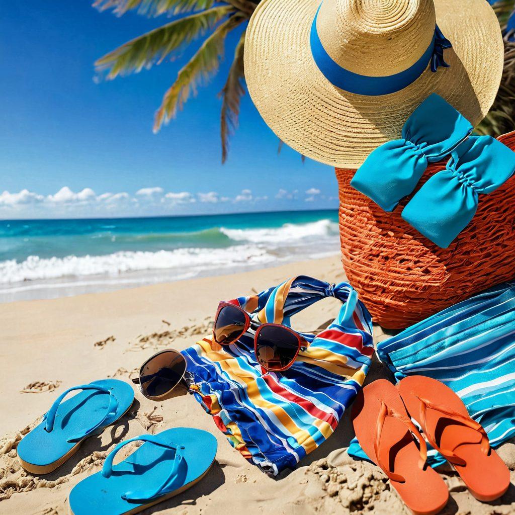 A vibrant beach scene featuring stylish beach attire such as colorful swimsuits, wide-brimmed hats, and fashionable sunglasses laid out on a sandy shore with waves crashing in the background. Include trendy accessories like beach bags, flip-flops, and sunblock. Soft sunlight enhances the atmosphere, evoking a carefree vacation vibe. super-realistic. vibrant colors. bright blue sky.